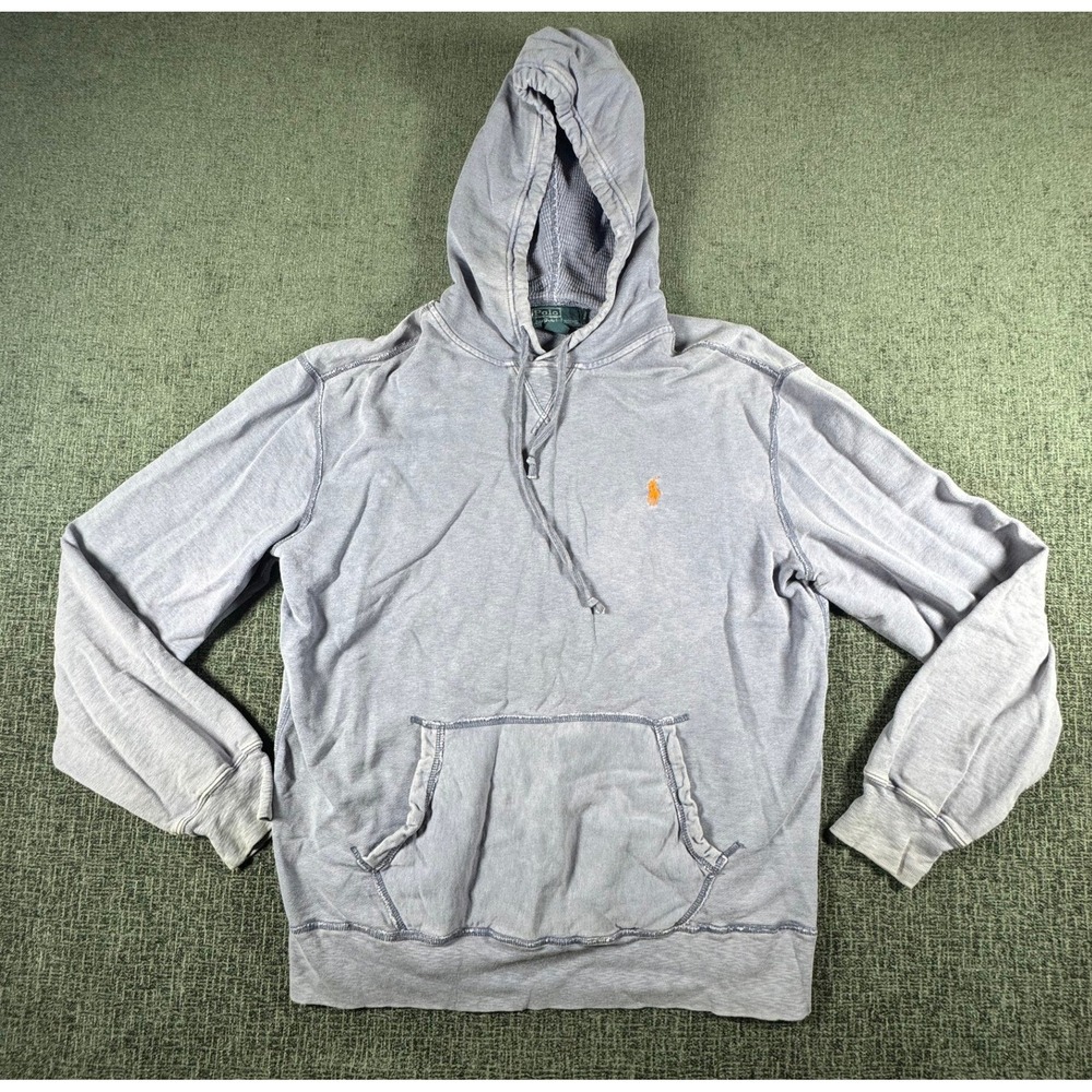 Polo Ralph Lauren Mens Blue Sun Faded Waffle Lined Hoodie Orange Pony Large